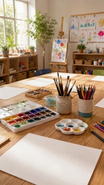 Bright children's art classroom with painting supplies creative workspace and blank paper