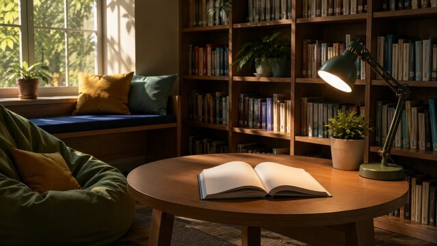 Cozy library reading corner with open book warm lighting and comfortable seating