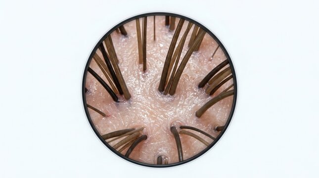 Trichoscopy magnification macro view of human hair follicles on healthy scalp skin for diagnosis