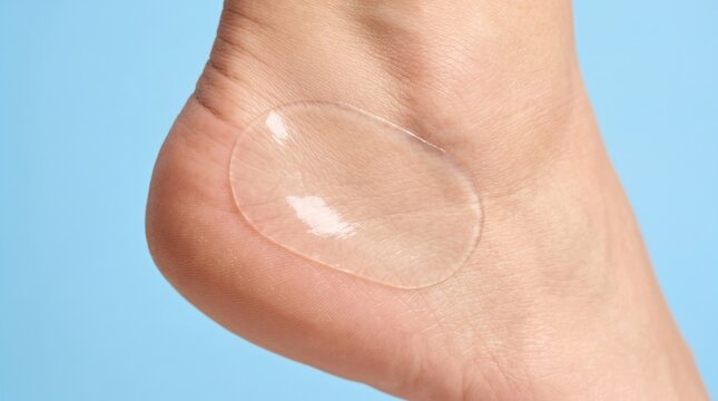 Close up of transparent hydrocolloid blister plaster bandage applied on woman foot heel skin