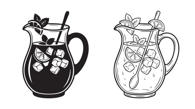 pitcher silhouette with line art vector icon for iced tea, mint leaf and lemon slice conce