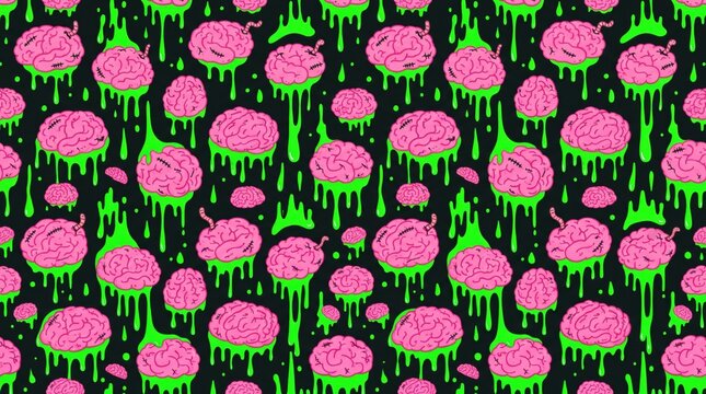 Seamless Pattern of Pink Brains with Glowing Green Slime