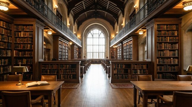 Grand library interior with wooden bookshelves and large arched window