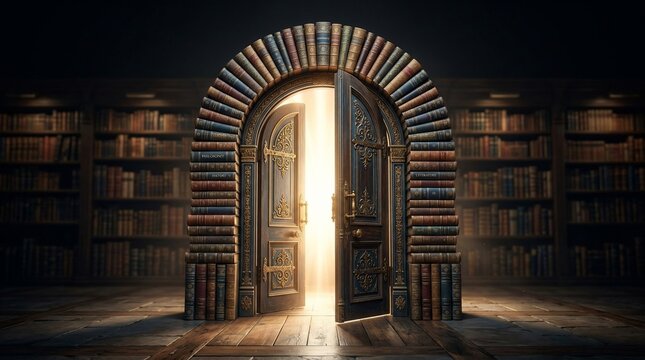 Open doorway archway made of books leading to bright light