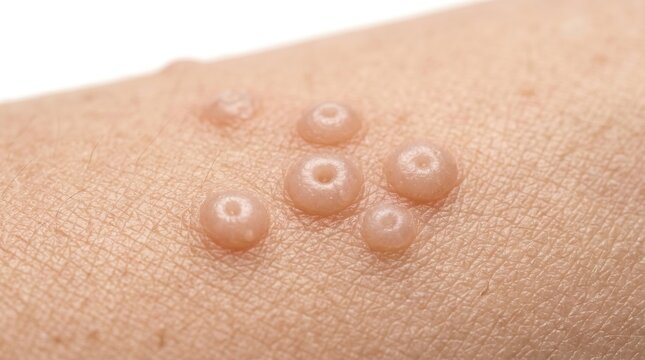 Macro close up view of molluscum contagiosum papules lesion viral infection on human skin