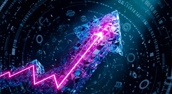 3D Crystal Rising Arrow with Digital Data Trend