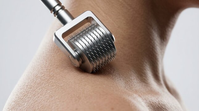 Close up of metallic microneedling derma roller device performing collagen therapy on shoulder skin