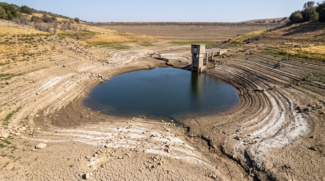 Aerial view of drought-stricken reservoir with low water levels, cracked dry earth and exposed shoreline during extreme heat wave