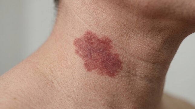 Close up of large reddish port wine stain birthmark or vascular hemangioma lesion on male neck skin