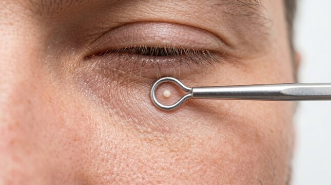 Professional aesthetician using metallic loop tool for precision milia pimple extraction under eye