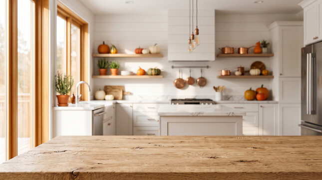 Modern Kitchen Interior with Wooden Countertop and White Cabinetry Design