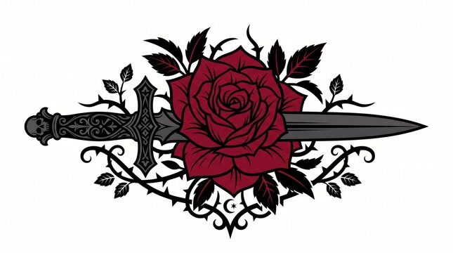 Graphic Illustration of a Sharp Dagger Piercing a Red Rose