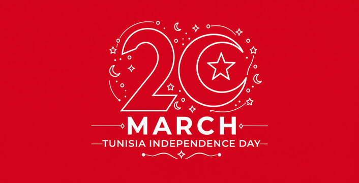 Tunisia independence day concept with bold march 20 typography and crescent moon star symbol on red background independence celebration national