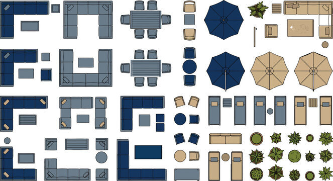 Outdoor furniture set top view collection for architectural landscape design plans and interior floor layout projects