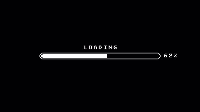 Retro 8-bit loading bar animation with percentage counter on black background 4k video animation seamless loop