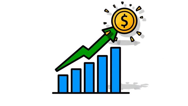 Minimal animated financial growth. A business chart gradually increases in height while an upward green arrow draws smoothly above it