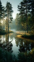 Breathtaking serene morning view of a misty forest reflecting in a calm river. © Feloz