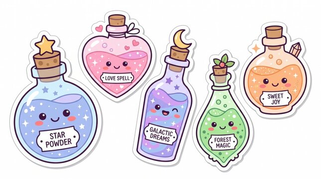 Kawaii Potion Bottles Collection with Cute Faces and Labels