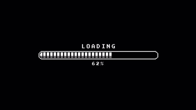 Pixel Art 8-Bit Loading Progress Bar Animation with Percentage Count on Black Background 4k video animation seamless loop