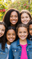 Fototapeta premium Diverse group of smiling children in an orchard setting, symbolizing happiness, youth, and nature's bounty.