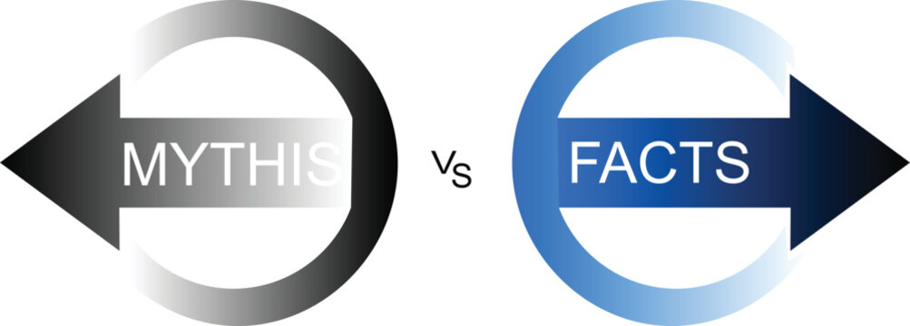 Myths vs Facts comparison infographic, conceptual vector illustration of truth versus fiction, blue and black arrow icons for educational content