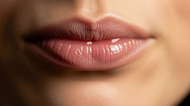 Close-up of Full Lips with Glossy Lipstick, Beauty and Cosmetics.