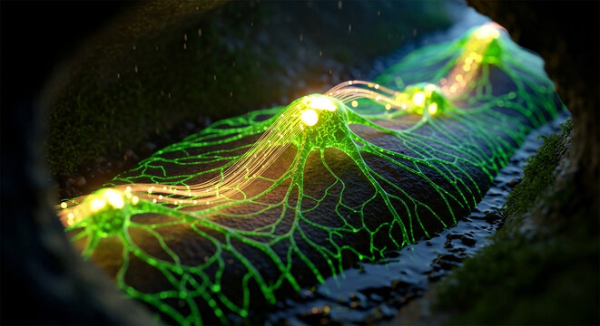 Glowing Neon Green Bioluminescent Veins on Dark Mossy Surface
