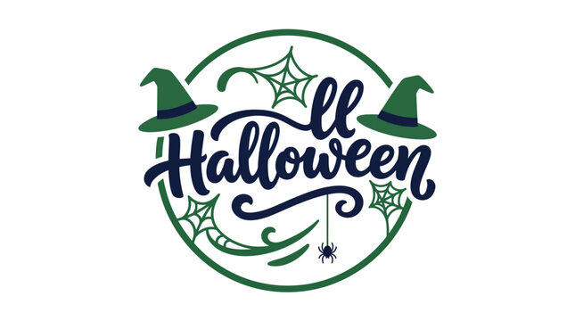 Decorative circular Halloween typography vector badge featuring green witch hats spider webs and a hanging spider isolated on a white backdrop