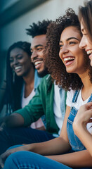 Obraz premium Diverse group of young adults laughing together, showcasing joy and connection, symbolizing friendship and happiness, perfect for lifestyle and social themes