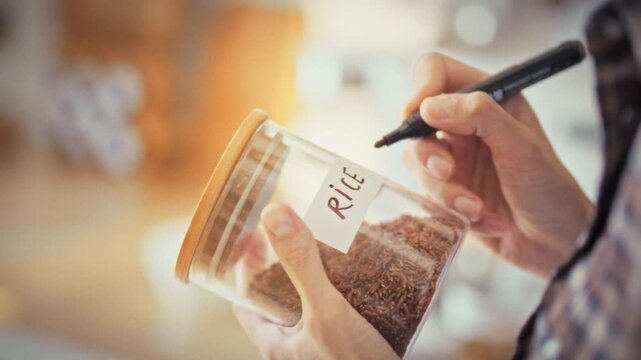 A girl in her home kitchen carefully labels a clear glass jar rice for cereal storage. The tidy act highlights her focus on kitchen organization, efficient food storage, and maintaining order