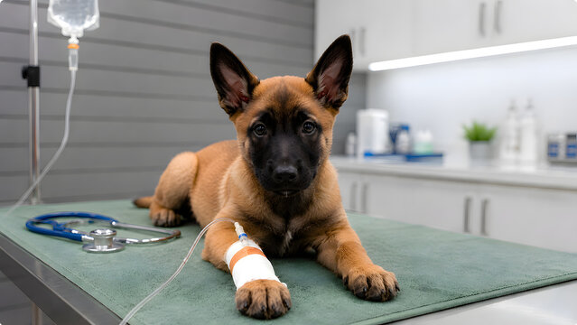 Belgian Malinois puppy receiving intravenous treatment at veterinary clinic