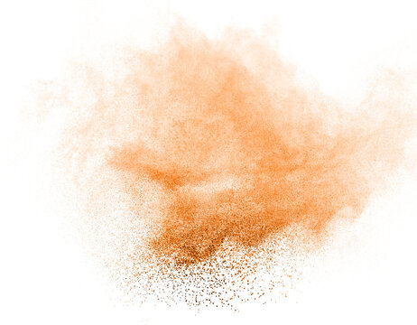 powder explosion, golden brown sand dust, and smoke rising on a white background. Glowing atmospheric texture for visual effects. Abstract smoke form for cinematic composition design