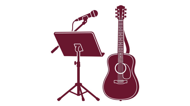 Acoustic Guitar with Microphone and Music Stand Vector