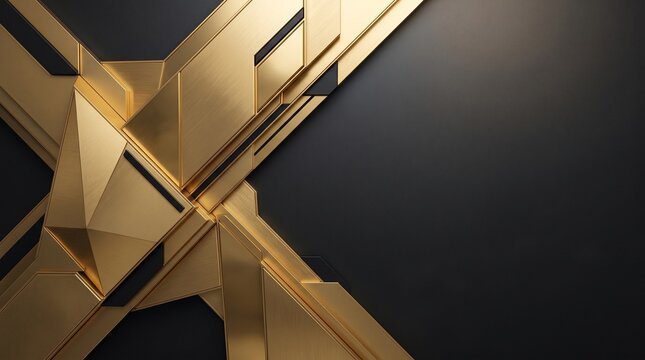 Premium abstract background featuring elegant brushed metallic gold geometric panels arranged over a sophisticated black surface with generous copy space. Modern luxury design perfect for corporate br