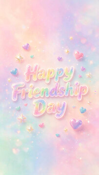 Happy Friendship Day Vertical Greeting Card with Iridescent Hearts and Stars