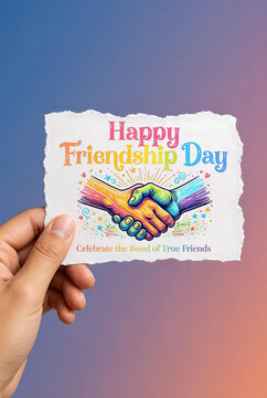 Happy Friendship Day Greeting Concept with Hand-Held Torn Paper Note, Creative Friendship Day Design Featuring Colourful Handshake Illustration