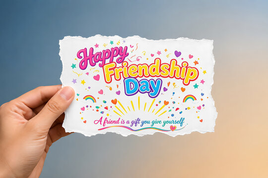 Hand Holding Torn Paper with Happy Friendship Day Quote and Colourful Illustration, Creative Friendship Day Greeting Card Note Held by Hand