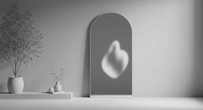 Minimalist interior scene with arched mirror plants and soft shadow play