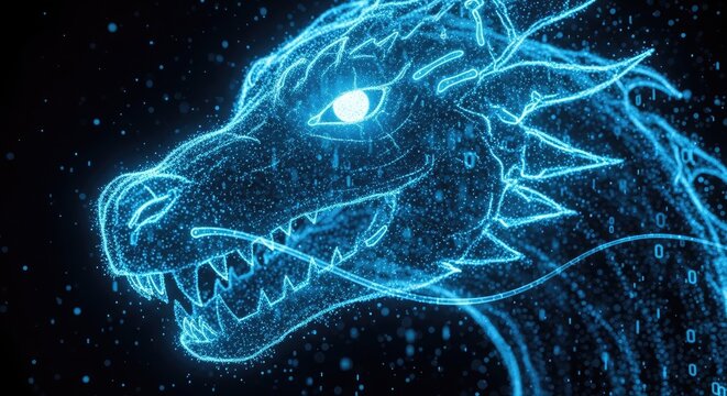 Digital dragon head futuristic cyberpunk style with glowing blue particle effects