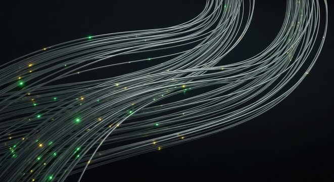 Abstract flowing light trails with green and gold sparks on dark background