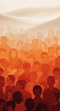 A crowd of diverse faces in warm orange tones, symbolizing unity and community, with a soft, blended background for a conceptual display