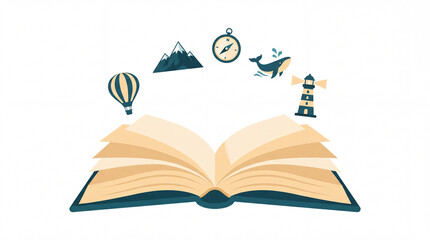 Open Book of Wonders: An open book serves as a portal to imagination, with whimsical illustrations of a hot air balloon, majestic mountains, a compass, a playful whale, and a lighthouse encircling it. © Muhammad Afrizal