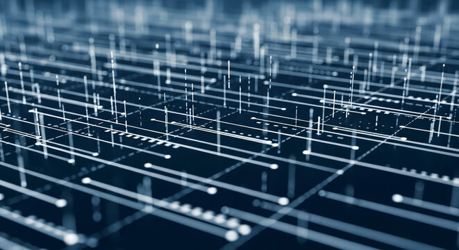 Futuristic digital data visualization with glowing lines and points on dark blue background for tech concepts