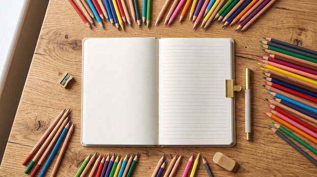Open notebook with blank lined pages surrounded by colorful pencils on a wooden table
