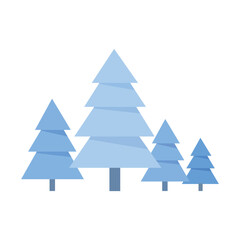 Fototapeta premium Blue pine tree forest vector set. Features a clean geometric design with tiered branches and grey trunks.