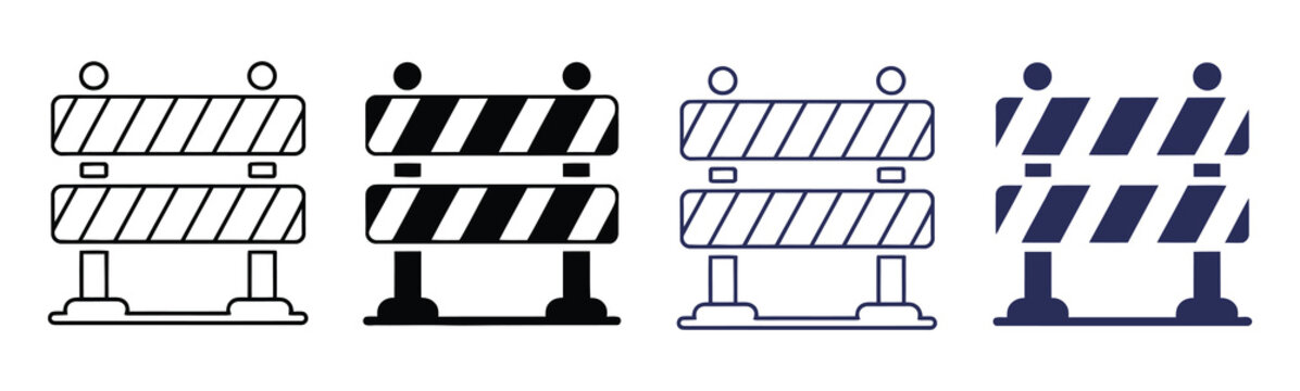 Road barrier icon set featuring construction barricade symbols in outline, solid and striped styles for traffic safety, roadwork and warning vector illustration.
