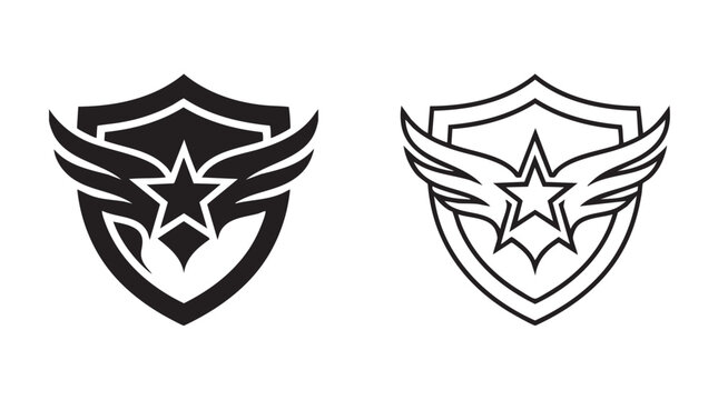 shield silhouette with line art vector icon featuring star and wings