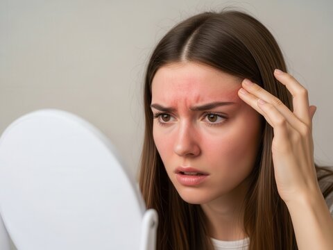 Young woman looking at her hair in the mirror with a concerned expression