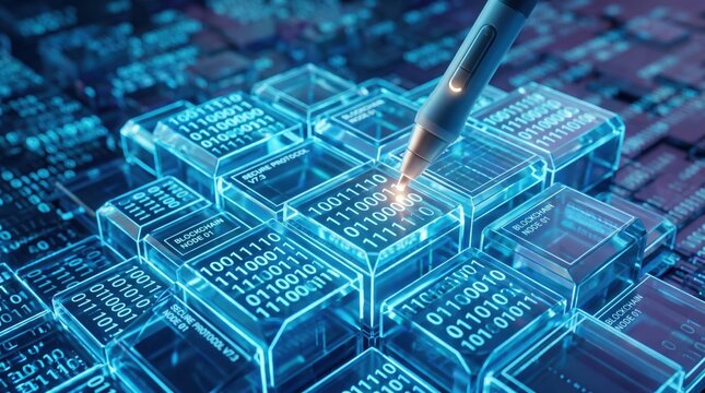 Blockchain node secure protocol binary code database visualization, digital pen interacting with encrypted data blocks, cryptocurrency mining and decentralized ledger technology...