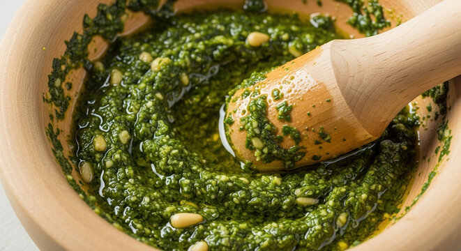 Fresh homemade pesto sauce in wooden bowl with pestle  